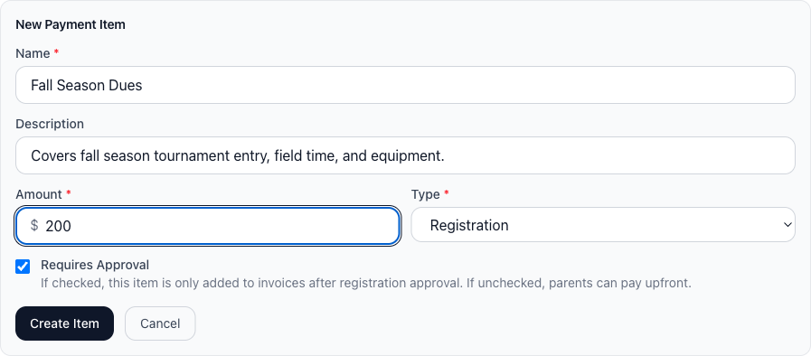 Creating a payment item