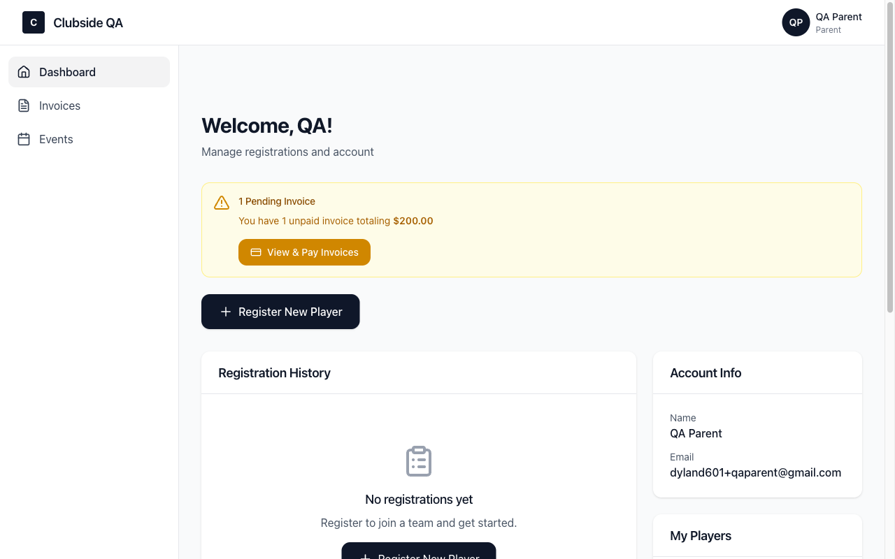 Parent dashboard with pending invoice